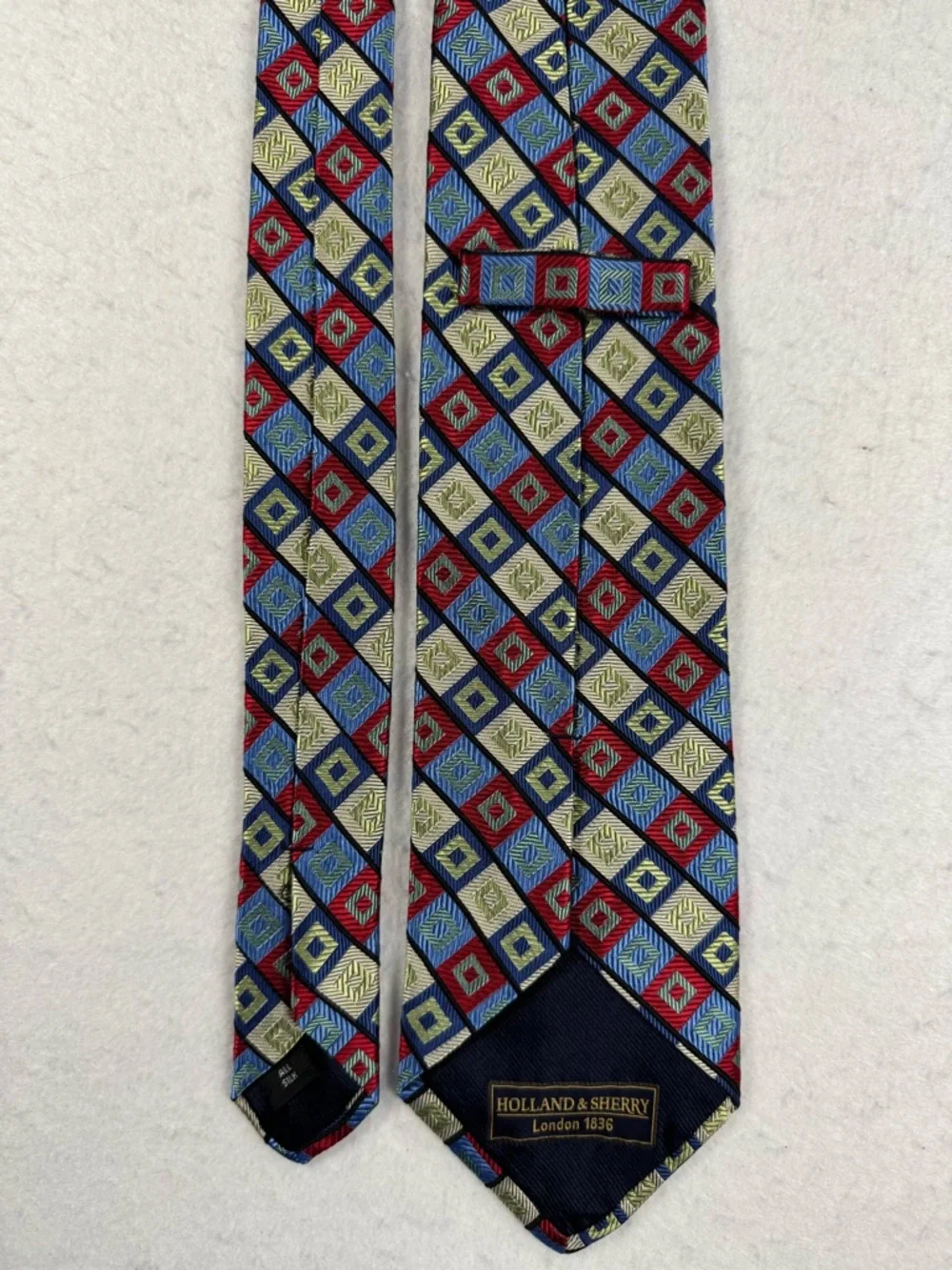 Holland & Sherry London 1836 100% Silk‎ Necktie Red Blue Cream Geometric